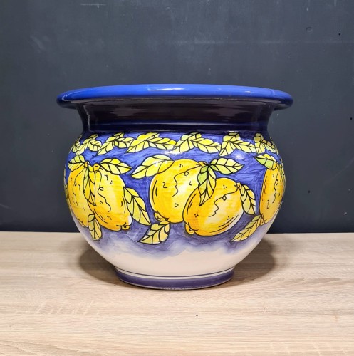 donica ceramiczna recznie malowana 25cm wysokosci. Cytryny na granatowym tle.jpg