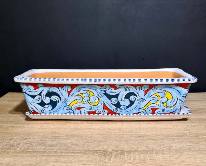 ceramiczna doniczka parapetowa 60cm w sycylijskie wzory z podstawka.jpg
